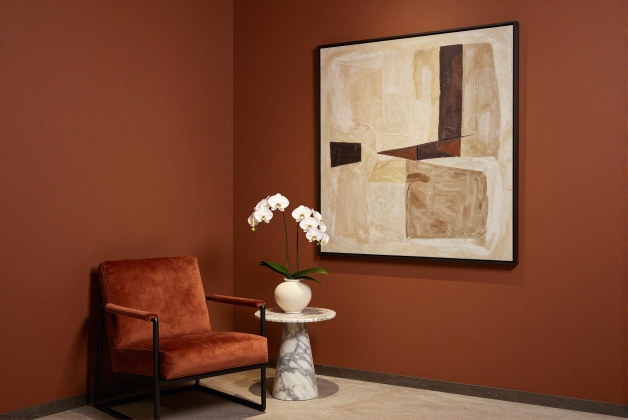 Illustrative interior visualization with abstract artwork in a warm lounge