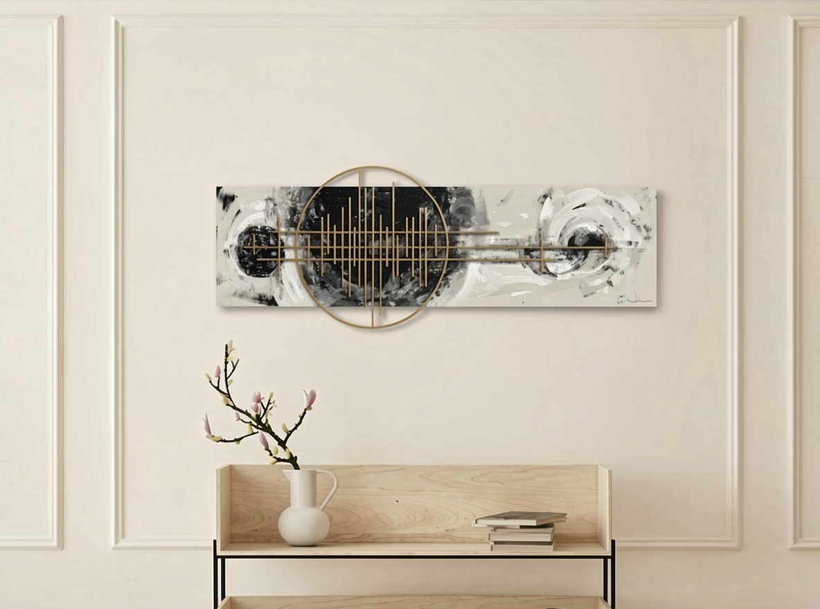 Illustrative gallery-style wall with a coordinated set of abstract artworks