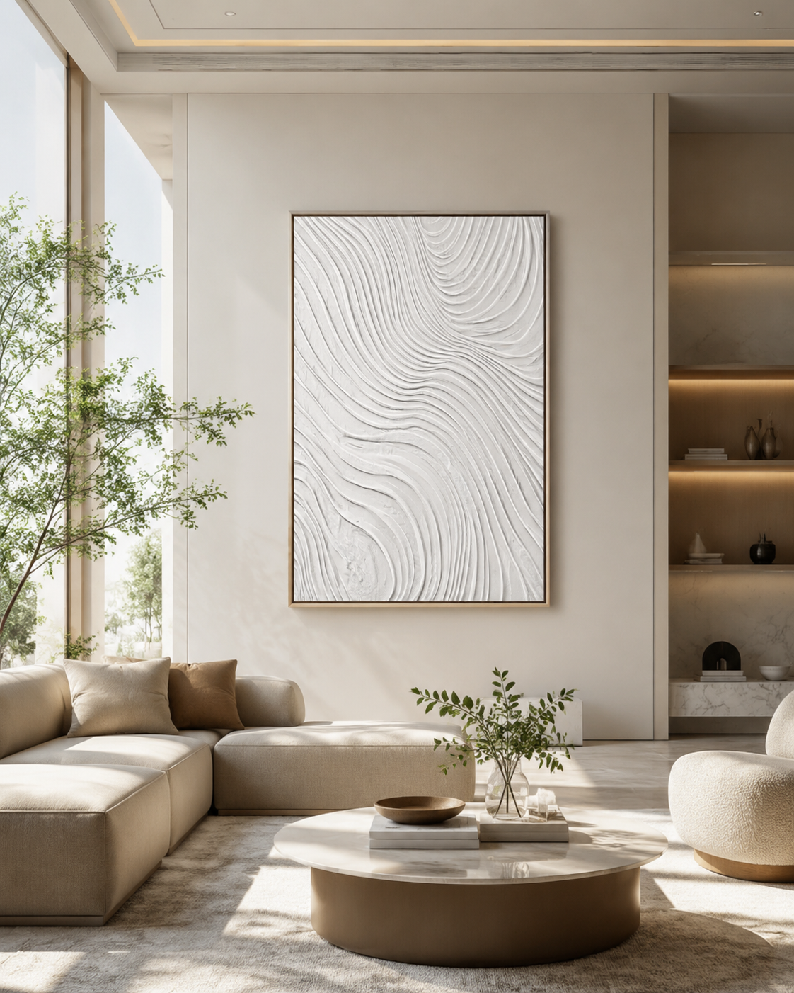 Illustrative interior visualization of artwork in a bright contemporary living room